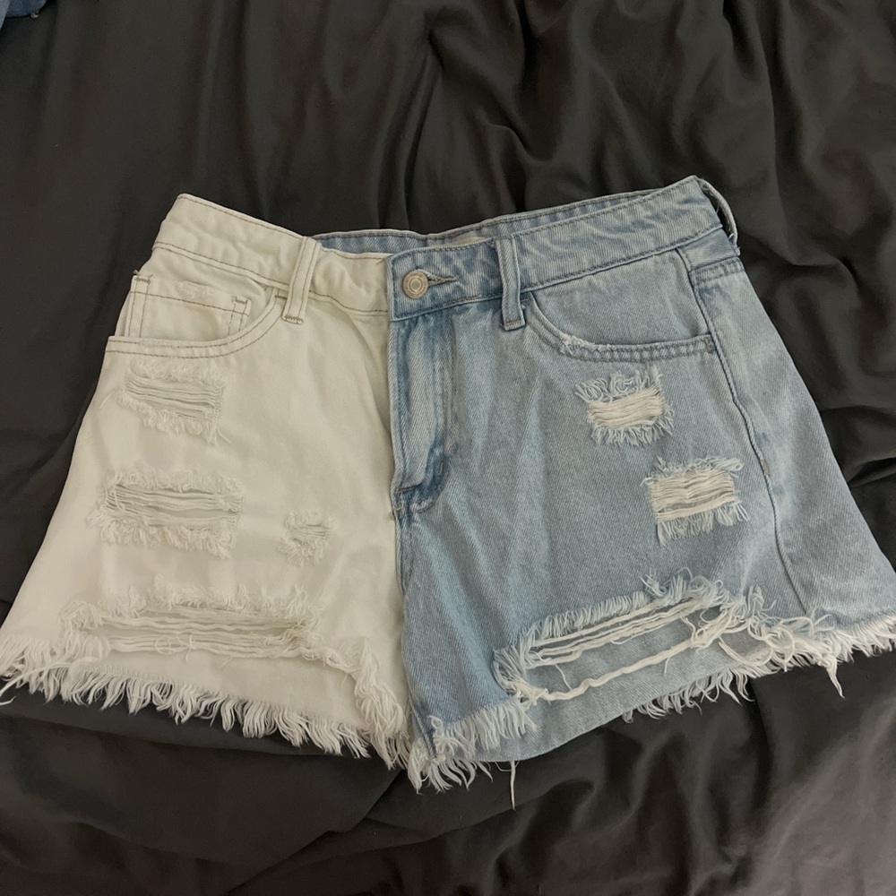 Two-Tone Distressed Denim Shorts